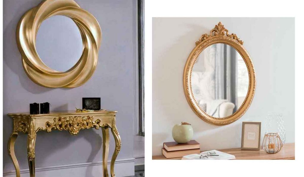 espejo dorado con marco de madera